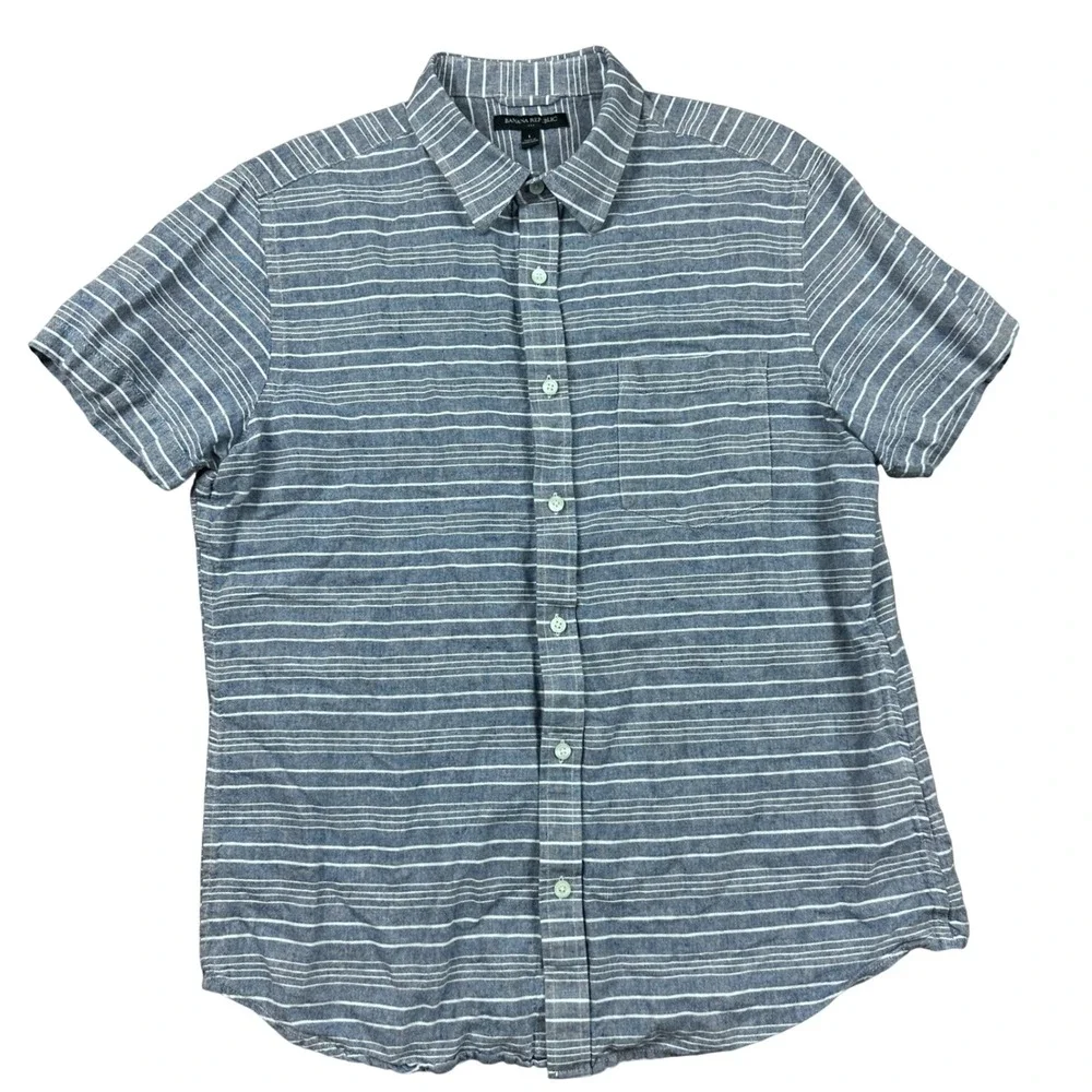 Banana Republic Mens Large Blue‎ White Striped Linen Cotton Short Sleeve Shirt